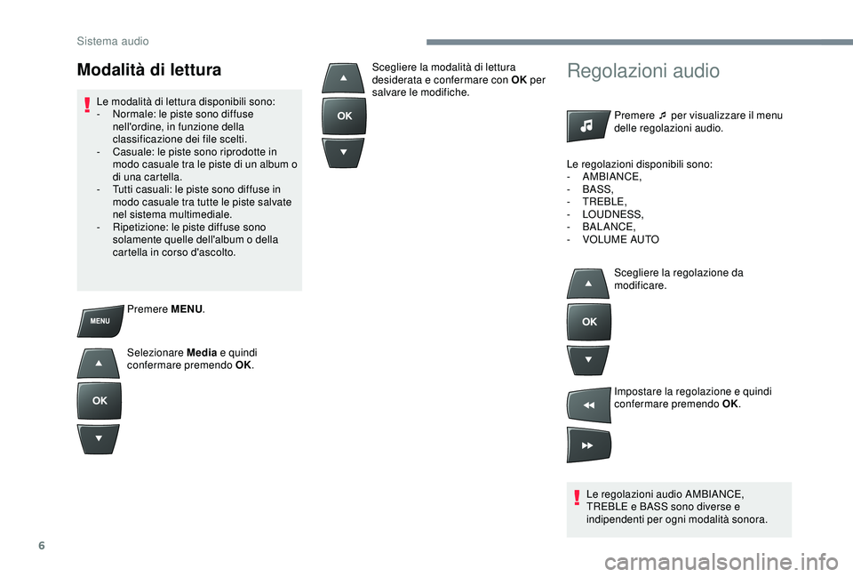 PEUGEOT 301 2022 Manuale duso (in Italian) 6
Premere MENU.
Selezionare Media e quindi
confermare premendo OK.
Regolazioni audio
Premere ¯ per visualizzare il menu
delle regolazioni audio.
Le regolazioni audio AMBIANCE,
TREBLE e BASS sono PEUGEOT 301 2022 Manuale duso (in Italian) 6
Premere MENU.
Selezionare Media e quindi
confermare premendo OK.
Regolazioni audio
Premere ¯ per visualizzare il menu
delle regolazioni audio.
Le regolazioni audio AMBIANCE,
TREBLE e BASS sono