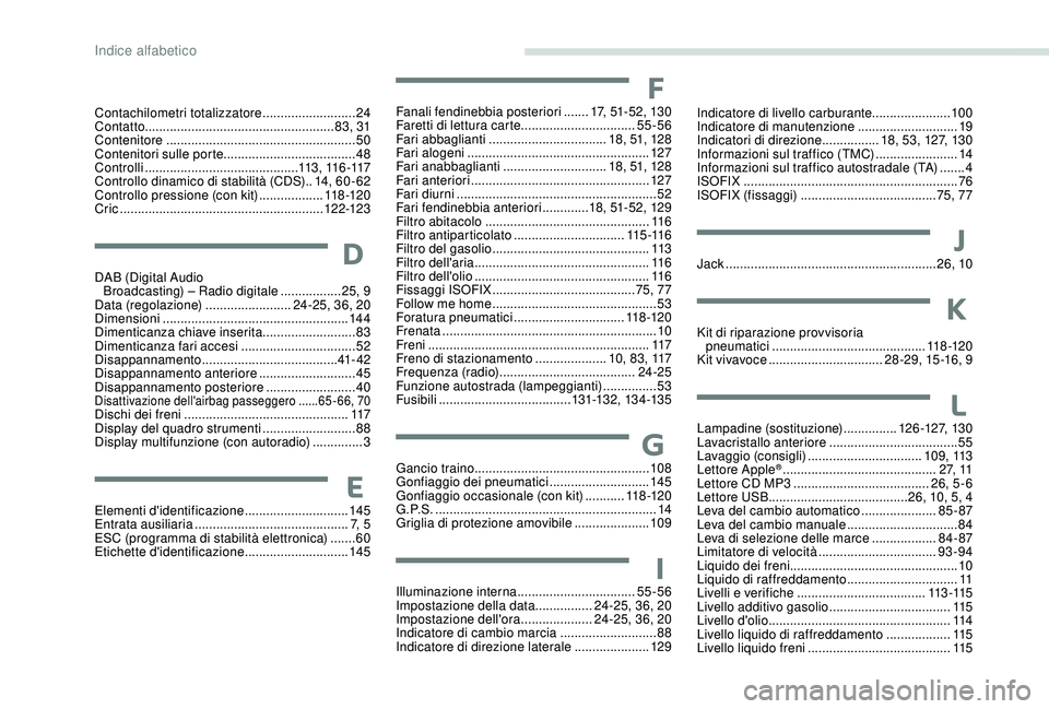 PEUGEOT 301 2022  Manuale duso (in Italian) Contachilometri totalizzatore ..........................24
Contatto ..................................................... 83, 31
Contenitore
 

..................................................... 50