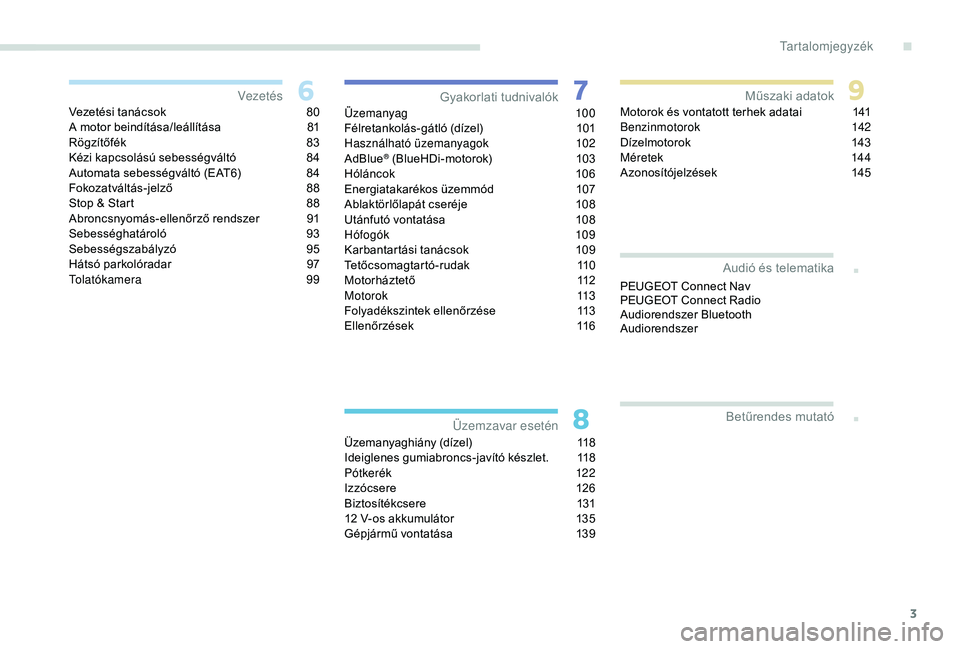 PEUGEOT 301 2022  Kezelési útmutató (in Hungarian) 3
.
.
Vezetési tanácsok 80
A motor beindítása/leállítása  8 1
Rögzítőfék
 
8
 3
Kézi kapcsolású sebességváltó
 
8
 4
Automata sebességváltó (EAT6)
 
8
 4
Fokozatváltás-jelző
 8
