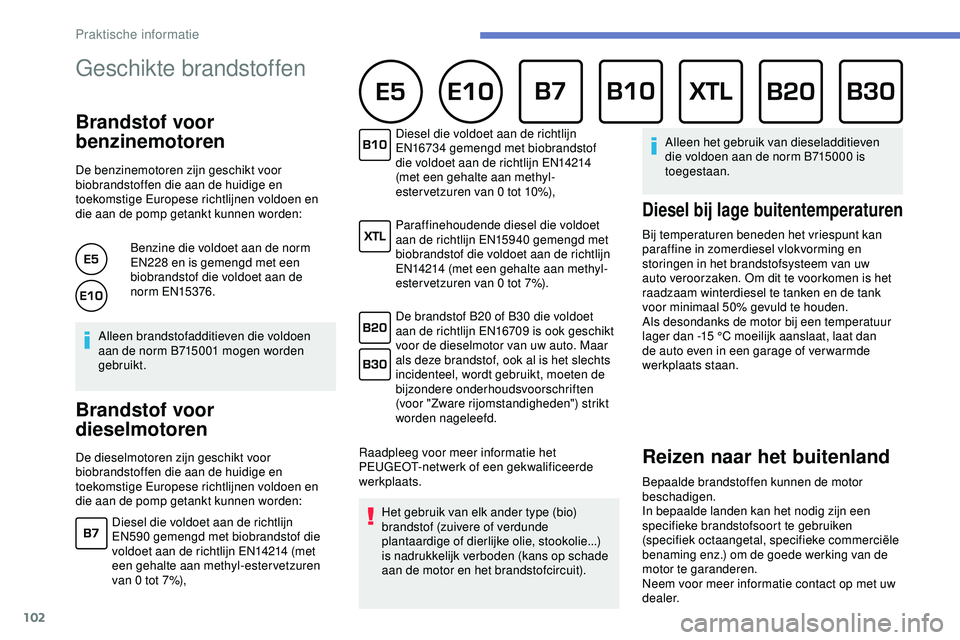 PEUGEOT 301 2022 Instructieboekje (in Dutch) 102
Geschikte brandstoffen
Brandstof voor
benzinemotoren
De benzinemotoren zijn geschikt voor
biobrandstoffen die aan de huidige en
toekomstige Europese richtlijnen voldoen en
die aan de pomp get PEUGEOT 301 2022 Instructieboekje (in Dutch) 102
Geschikte brandstoffen
Brandstof voor
benzinemotoren
De benzinemotoren zijn geschikt voor
biobrandstoffen die aan de huidige en
toekomstige Europese richtlijnen voldoen en
die aan de pomp get