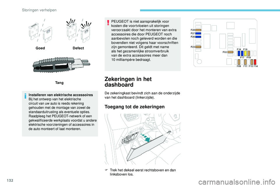 PEUGEOT 301 2022 Instructieboekje (in Dutch) 132
GoedDefect
Ta n g
Installeren van elektrische accessoires
Bij het ontwerp van het elektrische
circuit van uw auto is reeds rekening
gehouden met de montage van zowel de
standaarduitrusting als PEUGEOT 301 2022 Instructieboekje (in Dutch) 132
GoedDefect
Ta n g
Installeren van elektrische accessoires
Bij het ontwerp van het elektrische
circuit van uw auto is reeds rekening
gehouden met de montage van zowel de
standaarduitrusting als