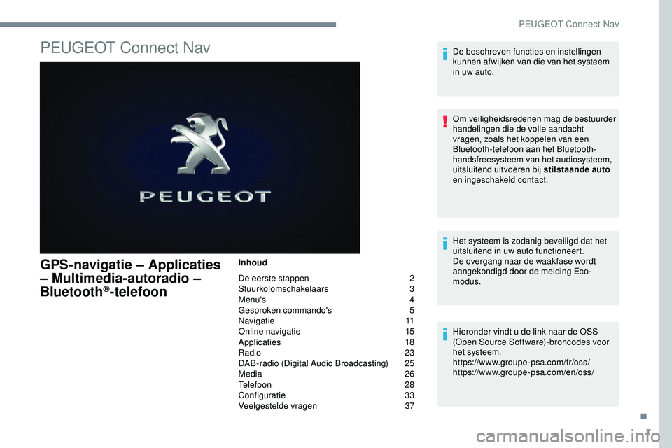 PEUGEOT 301 2022  Instructieboekje (in Dutch) 1
PEUGEOT Connect Nav
GPS-navigatie – Applicaties 
– Multimedia-autoradio – 
Bluetooth
®-telefoon
Inhoud
De eerste stappen 
2
St

uurkolomschakelaars
 
 3
Menu's
  4
Gesproken commando'
