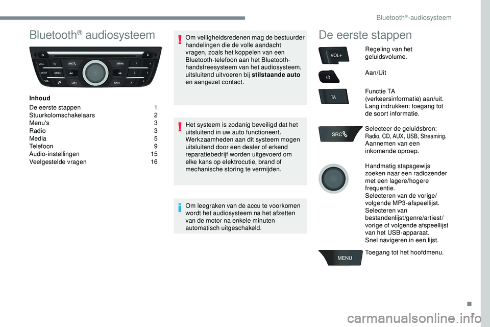 PEUGEOT 301 2022 Instructieboekje (in Dutch) 1
VOL+
TA
Bluetooth® audiosysteem
Inhoud
De eerste stappen
1
St
uurkolomschakelaars
2
Menu's
3
Radio
3
Media
5
Telefoon
9
A
udio-instellingen
15
Veelgestelde vragen
1
6Om veilig PEUGEOT 301 2022 Instructieboekje (in Dutch) 1
VOL+
TA
Bluetooth® audiosysteem
Inhoud
De eerste stappen
1
St
uurkolomschakelaars
2
Menu's
3
Radio
3
Media
5
Telefoon
9
A
udio-instellingen
15
Veelgestelde vragen
1
6Om veilig
