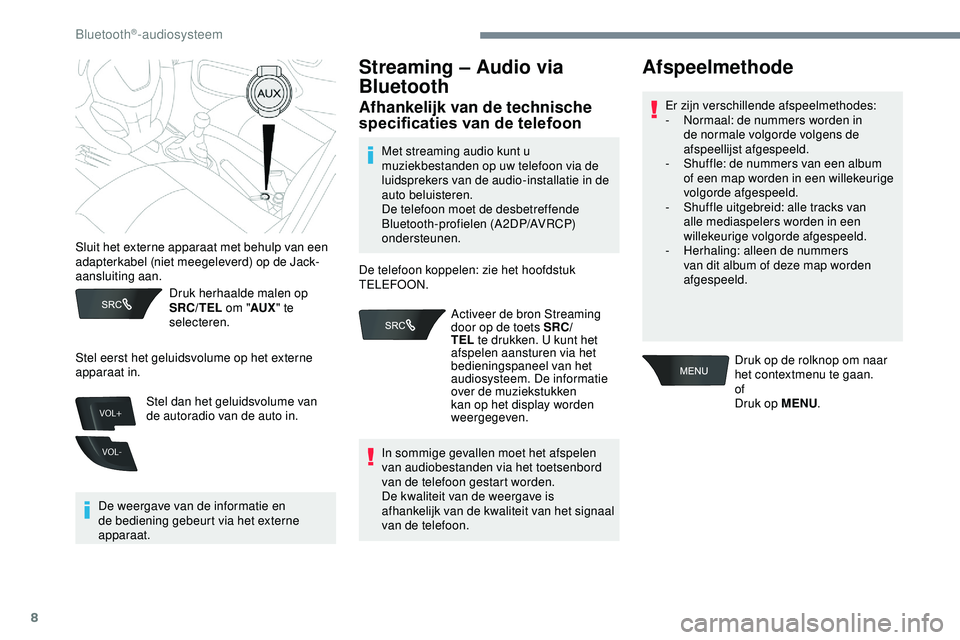 PEUGEOT 301 2022 Instructieboekje (in Dutch) 8
VOL+
VOL-
Druk herhaalde malen op
SRC/TEL om "AUX" te
selecteren.
De weergave van de informatie en
de bediening gebeurt via het externe
apparaat.
Streaming – Audio via
Bluetooth
Afhan PEUGEOT 301 2022 Instructieboekje (in Dutch) 8
VOL+
VOL-
Druk herhaalde malen op
SRC/TEL om "AUX" te
selecteren.
De weergave van de informatie en
de bediening gebeurt via het externe
apparaat.
Streaming – Audio via
Bluetooth
Afhan