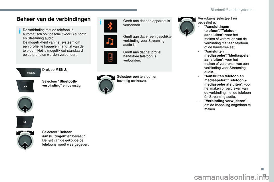 PEUGEOT 301 2022 Instructieboekje (in Dutch) 11
Beheer van de verbindingen
De verbinding met de telefoon is
automatisch ook geschikt voor Bleutooth
en Streaming audio.
De mogelijkheid van het systeem om
één profiel te koppelen hangt af van PEUGEOT 301 2022 Instructieboekje (in Dutch) 11
Beheer van de verbindingen
De verbinding met de telefoon is
automatisch ook geschikt voor Bleutooth
en Streaming audio.
De mogelijkheid van het systeem om
één profiel te koppelen hangt af van