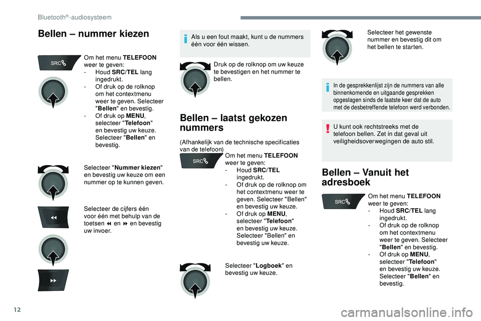 PEUGEOT 301 2022 Instructieboekje (in Dutch) 12
Bellen – nummer kiezenAls u een fout maakt, kunt u de nummers
één voor één wissen.Druk op de rolknop om uw keuze
te bevestigen en het nummer te
bellen.
Bellen – laatst gekozen
nummers
( PEUGEOT 301 2022 Instructieboekje (in Dutch) 12
Bellen – nummer kiezenAls u een fout maakt, kunt u de nummers
één voor één wissen.Druk op de rolknop om uw keuze
te bevestigen en het nummer te
bellen.
Bellen – laatst gekozen
nummers
(