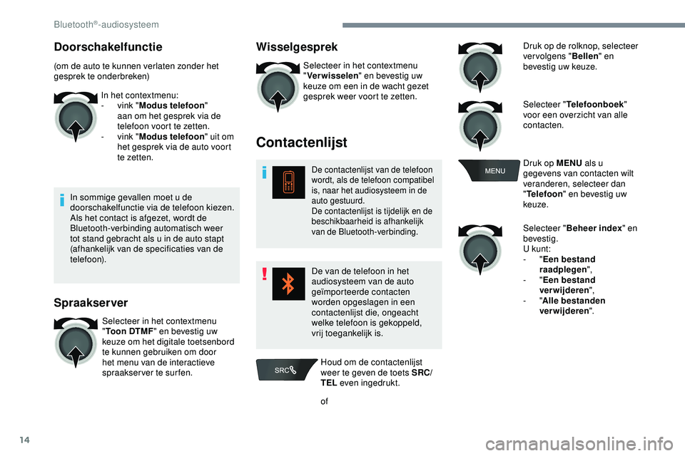 PEUGEOT 301 2022 Instructieboekje (in Dutch) 14
Doorschakelfunctie
(om de auto te kunnen verlaten zonder het
gesprek te onderbreken)In het contextmenu:
-
v
ink "Modus telefoon "
aan om het gesprek via de
telefoon voort te zetten.
- PEUGEOT 301 2022 Instructieboekje (in Dutch) 14
Doorschakelfunctie
(om de auto te kunnen verlaten zonder het
gesprek te onderbreken)In het contextmenu:
-
v
ink "Modus telefoon "
aan om het gesprek via de
telefoon voort te zetten.
-