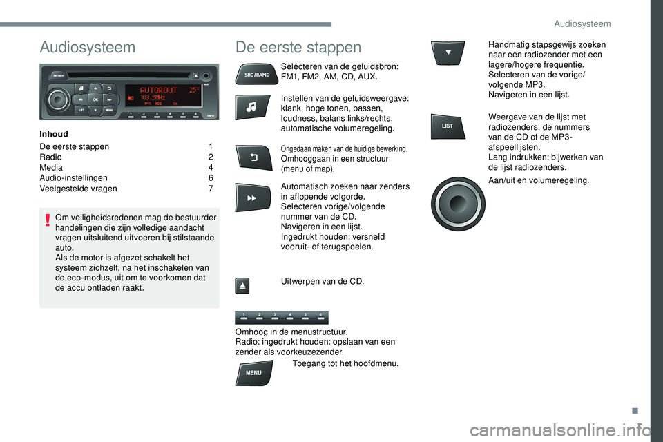 PEUGEOT 301 2022  Instructieboekje (in Dutch) 1
Audiosysteem
Inhoud
De eerste stappen 
1
R

adio   2
Media
  4
Audio-instellingen
 

6
Veelgestelde vragen
 7
O

m veiligheidsredenen mag de bestuurder 
handelingen die zijn volledige aandacht 
vrag