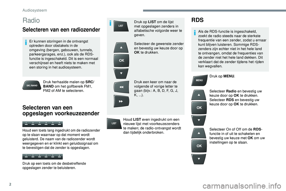 PEUGEOT 301 2022  Instructieboekje (in Dutch) 2
Radio
Selecteren van een radiozender
Er kunnen storingen in de ontvangst 
optreden door obstakels in de 
omgeving (bergen, gebouwen, tunnels, 
parkeergarages, enz.), ook als de RDS-
functie is inges