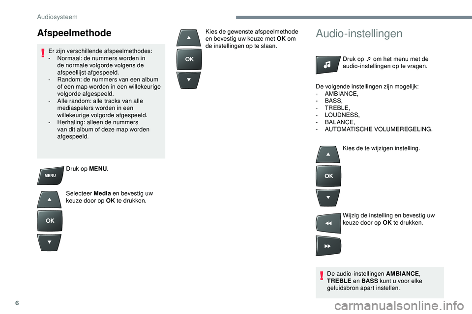 PEUGEOT 301 2022  Instructieboekje (in Dutch) 6
Druk op MENU.
Selecteer Media  en bevestig uw 
keuze door op OK  te drukken.
Audio-instellingen
Druk op ¯ om het menu met de 
audio-instellingen op te vragen.
De audio-instellingen AMBIANCE , 
TREB