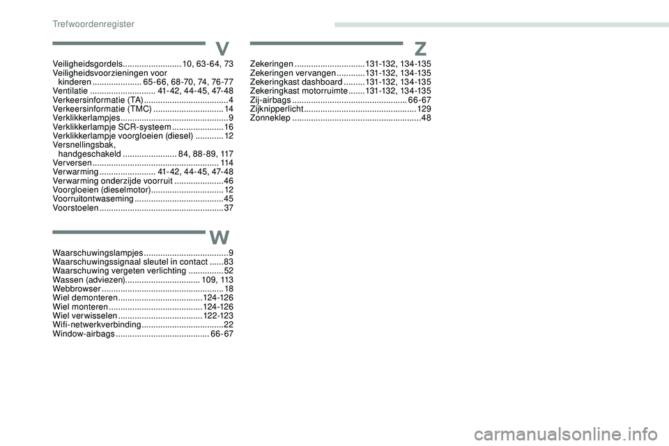 PEUGEOT 301 2022 Instructieboekje (in Dutch) VVeiligheidsgordels .........................10, 63 - 64, 73
Veiligheidsvoorzieningen voor kinderen
..................... 6
5 - 66, 68 -70, 74, 76 -77
Ventilatie
............................ 41- PEUGEOT 301 2022 Instructieboekje (in Dutch) VVeiligheidsgordels .........................10, 63 - 64, 73
Veiligheidsvoorzieningen voor kinderen
..................... 6
5 - 66, 68 -70, 74, 76 -77
Ventilatie
............................ 41-