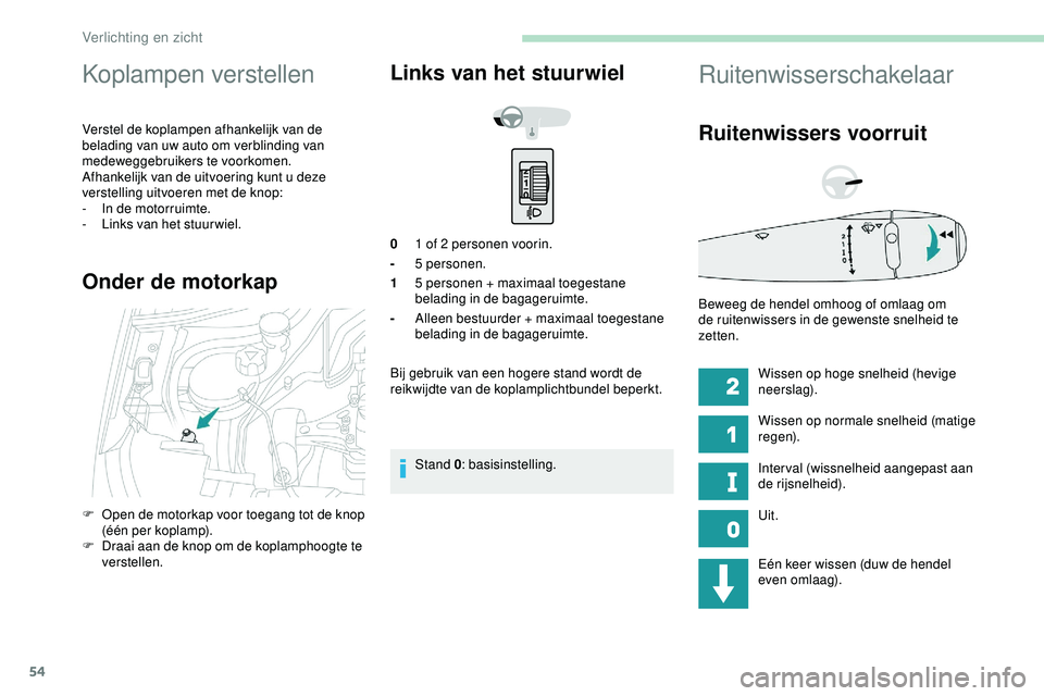 PEUGEOT 301 2022 Instructieboekje (in Dutch) 54
Koplampen verstellen
Verstel de koplampen afhankelijk van de
belading van uw auto om verblinding van
medeweggebruikers te voorkomen.
Afhankelijk van de uitvoering kunt u deze
verstelling uitvoer PEUGEOT 301 2022 Instructieboekje (in Dutch) 54
Koplampen verstellen
Verstel de koplampen afhankelijk van de
belading van uw auto om verblinding van
medeweggebruikers te voorkomen.
Afhankelijk van de uitvoering kunt u deze
verstelling uitvoer