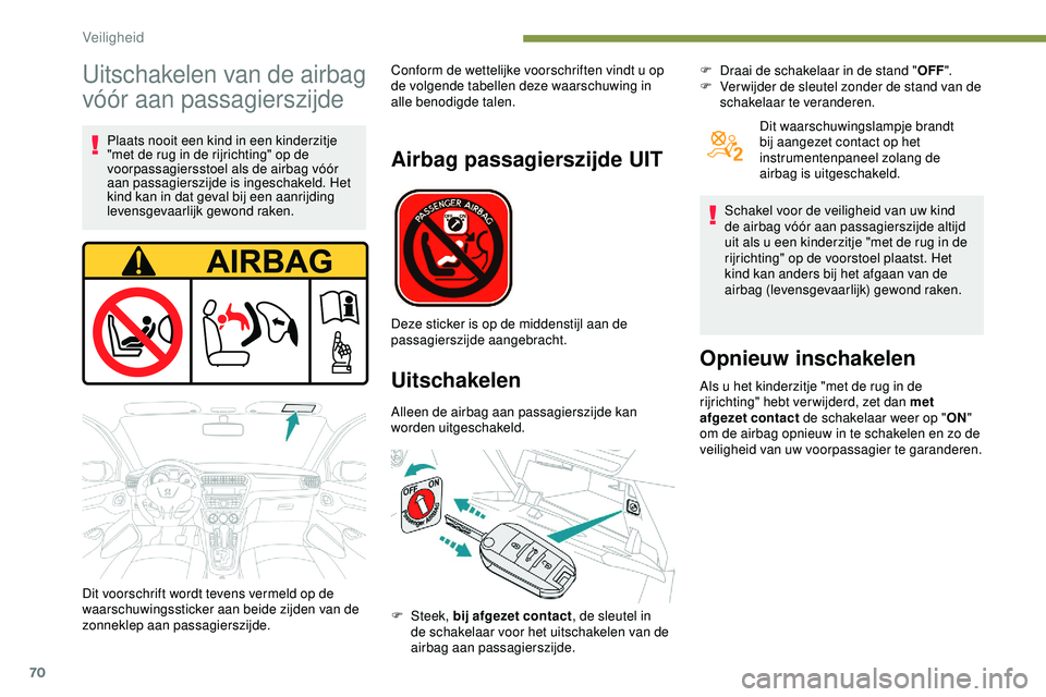 PEUGEOT 301 2022 Instructieboekje (in Dutch) 70
Uitschakelen van de airbag
vóór aan passagierszijde
Plaats nooit een kind in een kinderzitje
"met de rug in de rijrichting" op de
voorpassagiersstoel als de airbag vóór
aan passagie PEUGEOT 301 2022 Instructieboekje (in Dutch) 70
Uitschakelen van de airbag
vóór aan passagierszijde
Plaats nooit een kind in een kinderzitje
"met de rug in de rijrichting" op de
voorpassagiersstoel als de airbag vóór
aan passagie