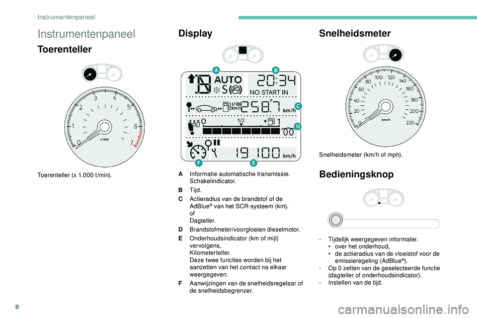 PEUGEOT 301 2022  Instructieboekje (in Dutch) 8
Instrumentenpaneel
Toerenteller
Toerenteller (x 1.000 t /min).
Display
AInformatie automatische transmissie.
Schakelindicator.
B Tijd.
C Actieradius van de brandstof of de 
AdBlue
® van het SCR-sys