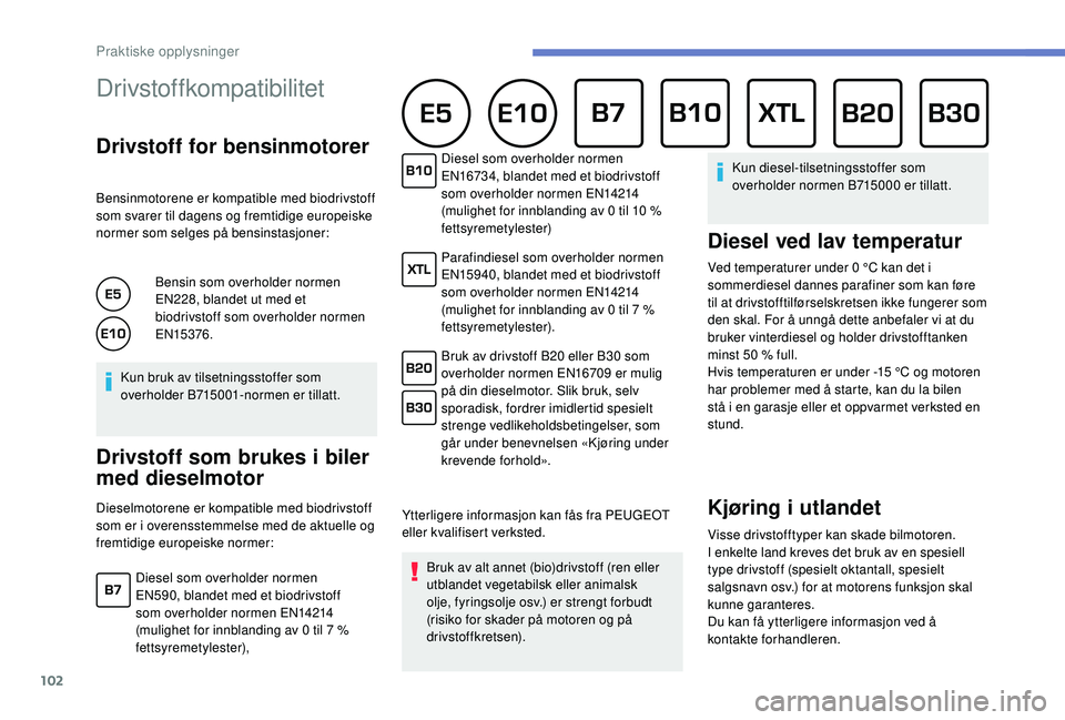 PEUGEOT 301 2022  Instruksjoner for bruk (in Norwegian) 102
Drivstoffkompatibilitet 
Drivstoff for bensinmotorer
Bensinmotorene er kompatible med biodrivstoff 
som svarer til dagens og fremtidige europeiske 
normer som selges på bensinstasjoner:Bensin som