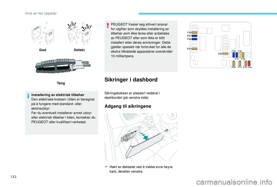 PEUGEOT 301 2022 Instruksjoner for bruk (in Norwegian) 132
GodDefekt
Ta n g
Installering av elektrisk tilbehør
Den elektriske kretsen i bilen er beregnet
på å fungere med standard- eller
ekstrautstyr.
Før du eventuelt installerer annet utstyr
eller PEUGEOT 301 2022 Instruksjoner for bruk (in Norwegian) 132
GodDefekt
Ta n g
Installering av elektrisk tilbehør
Den elektriske kretsen i bilen er beregnet
på å fungere med standard- eller
ekstrautstyr.
Før du eventuelt installerer annet utstyr
eller