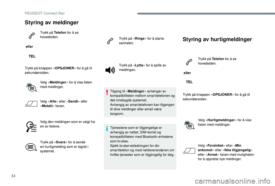 PEUGEOT 301 2022 Instruksjoner for bruk (in Norwegian) 32
Styring av meldinger
eller Trykk på Telefon
for å se
hovedsiden.
Trykk på knappen « OPSJONER» for å gå til
sekundærsiden.
Velg «Meldinger » for å vise listen
med meldinger.
Velg « PEUGEOT 301 2022 Instruksjoner for bruk (in Norwegian) 32
Styring av meldinger
eller Trykk på Telefon
for å se
hovedsiden.
Trykk på knappen « OPSJONER» for å gå til
sekundærsiden.
Velg «Meldinger » for å vise listen
med meldinger.
Velg «