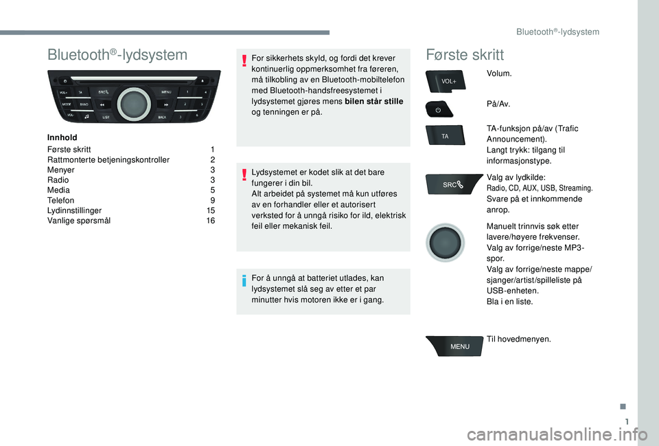 PEUGEOT 301 2022  Instruksjoner for bruk (in Norwegian) 1
VOL+
TA
Bluetooth®-lydsystem
Innhold
Første skritt 
1
Ra

ttmonterte betjeningskontroller
 2
M

enyer  
3
R

adio   3
Media
  5
Telefon
 9
L

ydinnstillinger
 
 15
Vanlige spørsmål
 1

6For sikk
