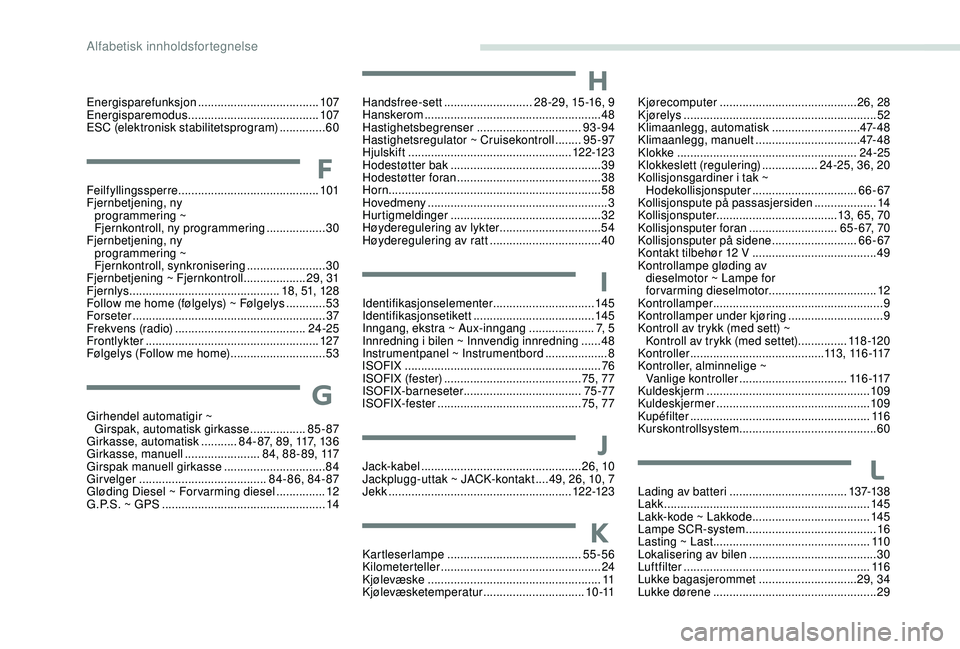 PEUGEOT 301 2022 Instruksjoner for bruk (in Norwegian) Energisparefunksjon .....................................10 7
Energisparemodus ........................................ 10
7
ESC (elektronisk stabilitetsprogram)
.............. 60
FFeilfyllingssperre PEUGEOT 301 2022 Instruksjoner for bruk (in Norwegian) Energisparefunksjon .....................................10 7
Energisparemodus ........................................ 10
7
ESC (elektronisk stabilitetsprogram)
.............. 60
FFeilfyllingssperre