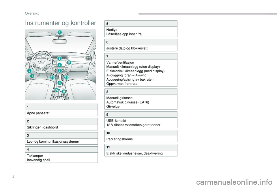 PEUGEOT 301 2022  Instruksjoner for bruk (in Norwegian) 4
Instrumenter og kontroller5
Nødlys
Låse/låse opp innenfra
6
Justere dato og klokkeslett
7
Varme/ventilasjon
Manuelt klimaanlegg (uten display)
Elektronisk klimaanlegg (med display)
Avdugging fora