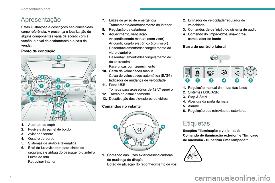 PEUGEOT 301 2022 Manual de utilização (in Portuguese) 4
Apresentação geral
Apresentação
Estas ilustrações e descrições são concebidas
como referência. A presença e localização de
alguns componentes varia de acordo com a
versão, o nível PEUGEOT 301 2022 Manual de utilização (in Portuguese) 4
Apresentação geral
Apresentação
Estas ilustrações e descrições são concebidas
como referência. A presença e localização de
alguns componentes varia de acordo com a
versão, o nível