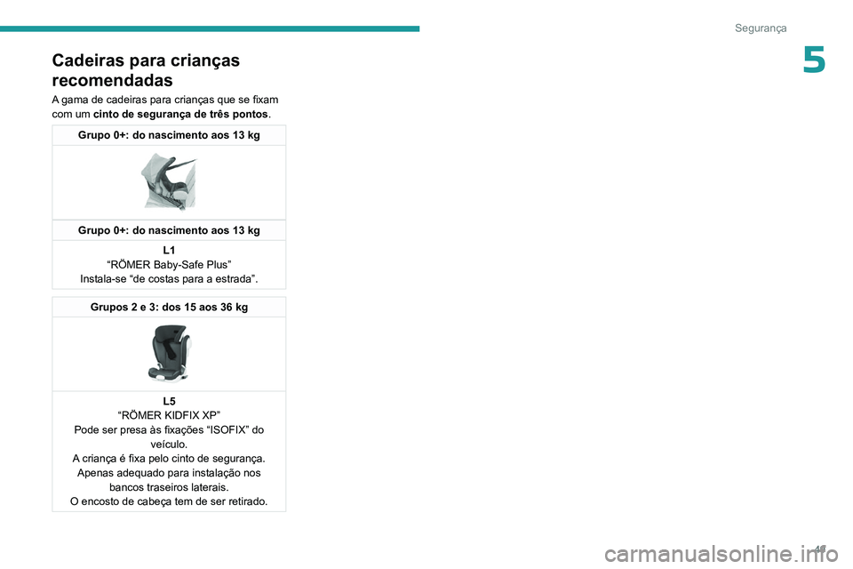 PEUGEOT 301 2022  Manual de utilização (in Portuguese) 49
Segurança
5Cadeiras para crianças 
recomendadas
A gama de cadeiras para crianças que se fixam 
com um cinto de segurança de três pontos.
Grupo 0+: do nascimento aos 13 kg 
 
Grupo 0+: do nasci