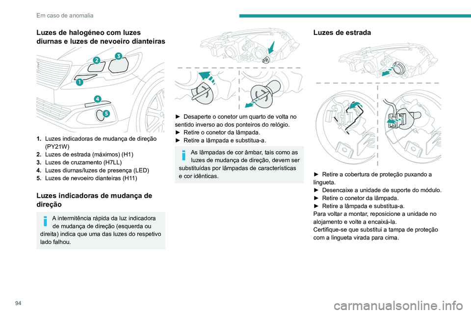 PEUGEOT 301 2022  Manual de utilização (in Portuguese) 94
Em caso de anomalia
Luzes de halogéneo com luzes 
diurnas e luzes de nevoeiro dianteiras
1.Luzes indicadoras de mudança de direção 
(PY21W)
2. Luzes de estrada (máximos) (H1)
3. Luzes de cruza
