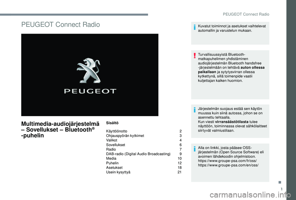 PEUGEOT 301 2022  Omistajan Käsikirja (in Finnish) 1
PEUGEOT Connect Radio
Multimedia-audiojärjestelmä 
– Sovellukset – Bluetooth® 
-puhelin
Sisältö
Käyttöönotto
 2
O

hjauspyörän kytkimet
 3
V

alikot
 4
S

ovellukset   6
Radio
  7
DAB-