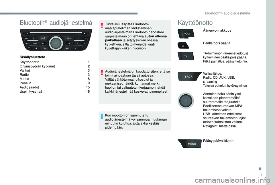 PEUGEOT 301 2022 Omistajan Käsikirja (in Finnish) 1
VOL+
TA
Bluetooth®-audiojärjestelmä
Sisällysluettelo
Käyttöönotto
1
O
hjauspyörän kytkimet
2
V
alikot
3
R
adio 3
Media
5
Puhelin
9
Au
diosäädöt
1
5
Usein kysyttyä
1
6Tu PEUGEOT 301 2022 Omistajan Käsikirja (in Finnish) 1
VOL+
TA
Bluetooth®-audiojärjestelmä
Sisällysluettelo
Käyttöönotto
1
O
hjauspyörän kytkimet
2
V
alikot
3
R
adio 3
Media
5
Puhelin
9
Au
diosäädöt
1
5
Usein kysyttyä
1
6Tu