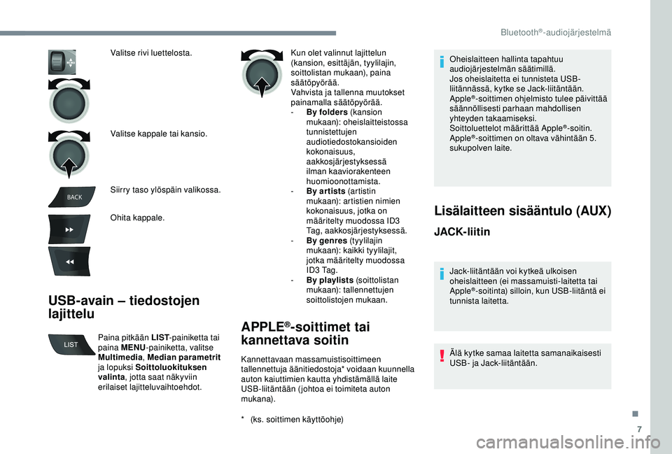 PEUGEOT 301 2022 Omistajan Käsikirja (in Finnish) 7
BACK
USB-avain – tiedostojen
lajittelu
Kun olet valinnut lajittelun
(kansion, esittäjän, tyylilajin,
soittolistan mukaan), paina
säätöpyörää.
Vahvista ja tallenna muutokset
painamalla PEUGEOT 301 2022 Omistajan Käsikirja (in Finnish) 7
BACK
USB-avain – tiedostojen
lajittelu
Kun olet valinnut lajittelun
(kansion, esittäjän, tyylilajin,
soittolistan mukaan), paina
säätöpyörää.
Vahvista ja tallenna muutokset
painamalla