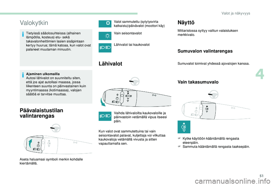 PEUGEOT 301 2022 Omistajan Käsikirja (in Finnish) 51
Valokytkin
Tietyissä sääolosuhteissa (alhainen
lämpötila, kosteus) etu- sekä
takavalonheittimien lasien sisäpintaan
kertyy huurua; tämä katoaa, kun valot ovat
palaneet muutaman minuuti PEUGEOT 301 2022 Omistajan Käsikirja (in Finnish) 51
Valokytkin
Tietyissä sääolosuhteissa (alhainen
lämpötila, kosteus) etu- sekä
takavalonheittimien lasien sisäpintaan
kertyy huurua; tämä katoaa, kun valot ovat
palaneet muutaman minuuti