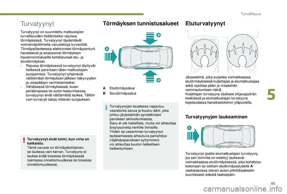 PEUGEOT 301 2022  Omistajan Käsikirja (in Finnish) 65
Tu r v a t y y n y t
Turvatyynyt on suunniteltu matkustajien 
turvallisuuden lisäämiseksi rajuissa 
törmäyksissä. Turvatyynyt täydentävät 
voimanrajoittimella varustettuja turvavöitä.
Tö