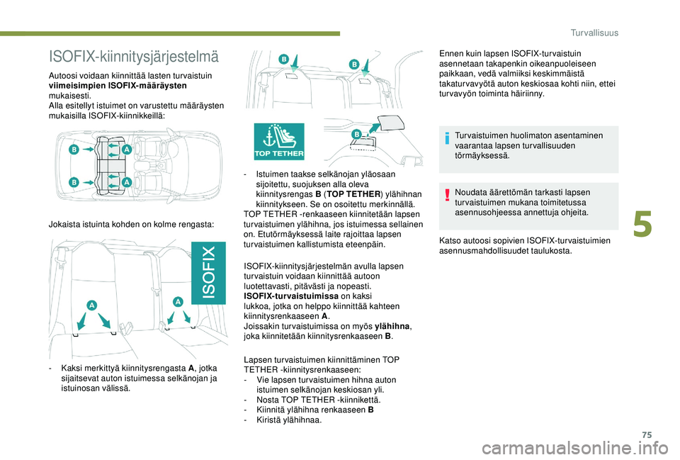PEUGEOT 301 2022 Omistajan Käsikirja (in Finnish) 75
ISOFIX-kiinnitysjärjestelmä
Autoosi voidaan kiinnittää lasten turvaistuin
viimeisimpien ISOFIX-määräysten
mukaisesti.
Alla esitellyt istuimet on varustettu määräysten
mukaisilla ISOFIX PEUGEOT 301 2022 Omistajan Käsikirja (in Finnish) 75
ISOFIX-kiinnitysjärjestelmä
Autoosi voidaan kiinnittää lasten turvaistuin
viimeisimpien ISOFIX-määräysten
mukaisesti.
Alla esitellyt istuimet on varustettu määräysten
mukaisilla ISOFIX