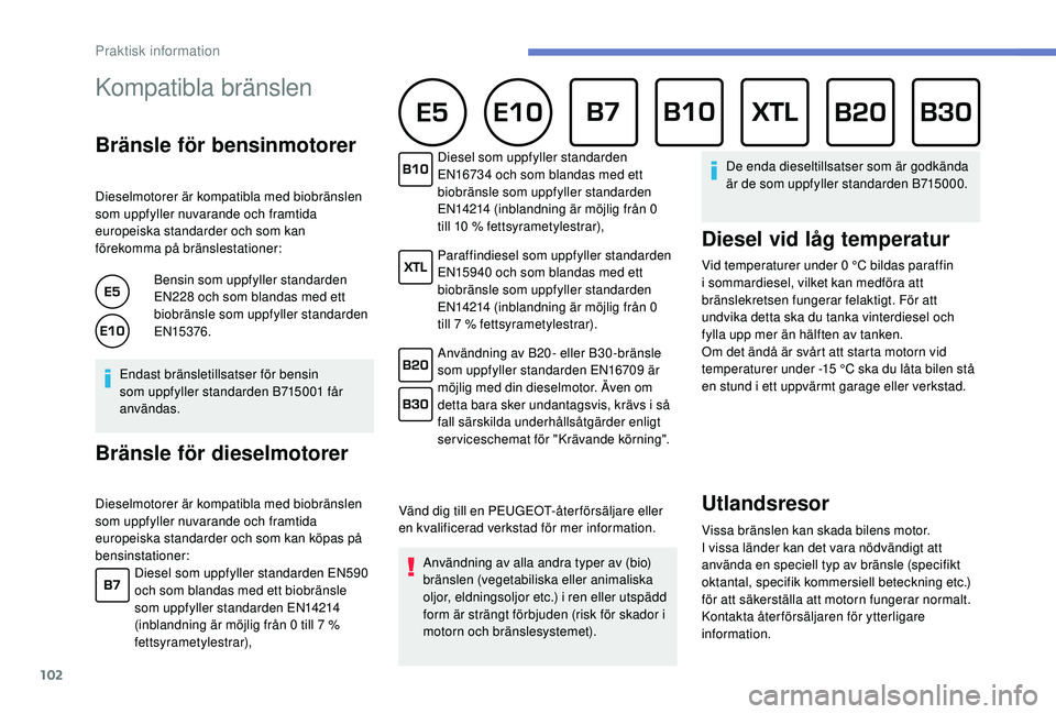 PEUGEOT 301 2022 Bruksanvisningar (in Swedish) 102
Kompatibla bränslen
Bränsle för bensinmotorer
Dieselmotorer är kompatibla med biobränslen
som uppfyller nuvarande och framtida
europeiska standarder och som kan
förekomma på bränslesta PEUGEOT 301 2022 Bruksanvisningar (in Swedish) 102
Kompatibla bränslen
Bränsle för bensinmotorer
Dieselmotorer är kompatibla med biobränslen
som uppfyller nuvarande och framtida
europeiska standarder och som kan
förekomma på bränslesta