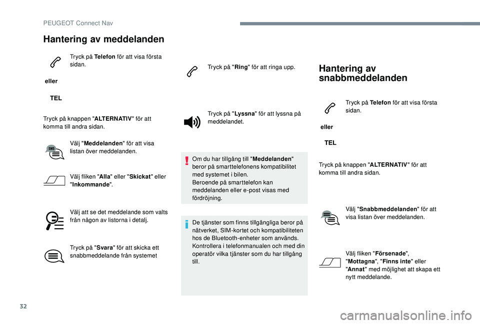 PEUGEOT 301 2022  Bruksanvisningar (in Swedish) 32
Hantering av meddelanden
 eller Tryck på Telefon
 för att visa första 
sidan.
Tryck på knappen " ALTERNATIV" för att 
komma till andra sidan.
Välj "Meddelanden " för att visa
