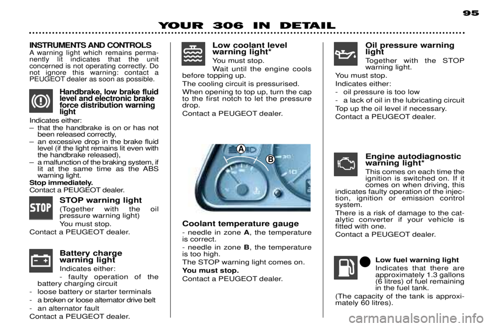 PEUGEOT 306 DAG 2002 Owners Manual A
B
95
YOUR 306 IN DETAIL
A warning light which remains perma- nently lit indicates that the unit 
concerned is not operating correctly. Donot ignore this warning: contact a 
PEUGEOT dealer as soon as