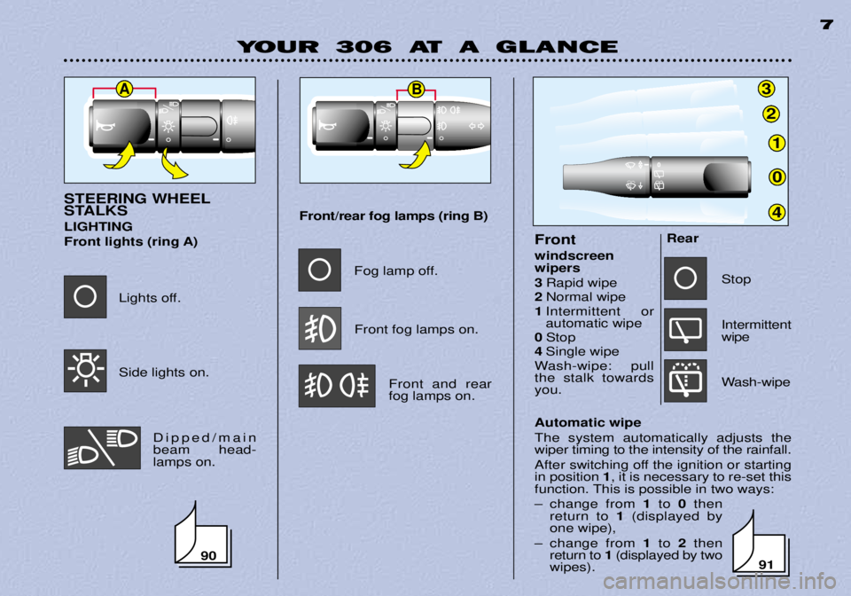 PEUGEOT 306 DAG 2002 Owners Manual 3
2
1
0
4
AB
YOUR 306 AT A GLANCE7
Automatic wipe The system automatically adjusts the wiper timing to the intensity of the rainfall.
After switching off the ignition or starting in position
1, it i PEUGEOT 306 DAG 2002 Owners Manual 3
2
1
0
4
AB
YOUR 306 AT A GLANCE7
Automatic wipe The system automatically adjusts the wiper timing to the intensity of the rainfall.
After switching off the ignition or starting in position
1, it i