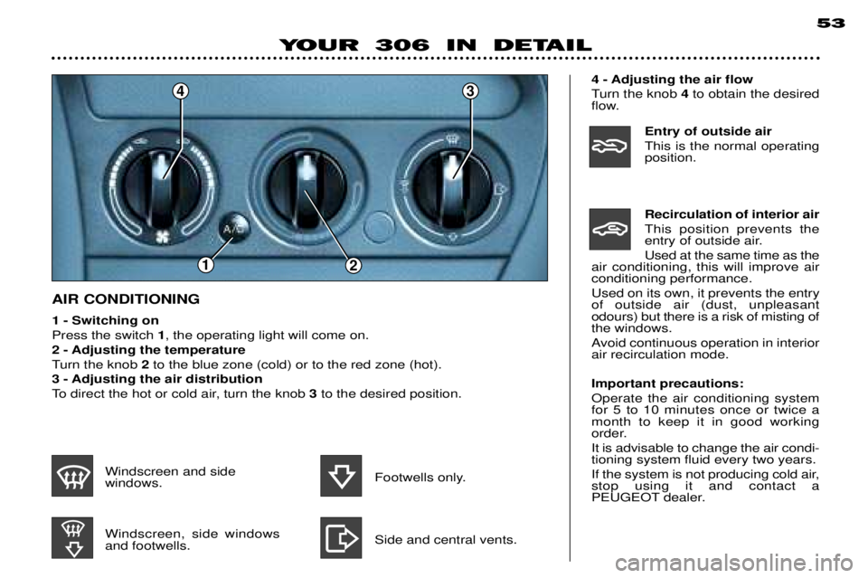 PEUGEOT 306 DAG 2002 Workshop Manual 43
21
53
1 - Switching on Press the switch 1, the operating light will come on.
2 - Adjusting the temperature
Turn the knob 2to the blue zone (cold) or to the red zone (hot).
3 - Adjusting the air di PEUGEOT 306 DAG 2002 Workshop Manual 43
21
53
1 - Switching on Press the switch 1, the operating light will come on.
2 - Adjusting the temperature
Turn the knob 2to the blue zone (cold) or to the red zone (hot).
3 - Adjusting the air di