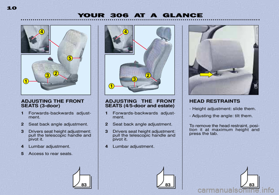 PEUGEOT 306 DAG 2002 Owners Manual ADJUSTING THE FRONT
SEATS (3-door) 1Forwards-backwards adjust- ment.
2 Seat back angle adjustment.
3 Drivers seat height adjustment:pull the telescopic handle andpivot it.
4 Lumbar adjustment.
5 Acce PEUGEOT 306 DAG 2002 Owners Manual ADJUSTING THE FRONT
SEATS (3-door) 1Forwards-backwards adjust- ment.
2 Seat back angle adjustment.
3 Drivers seat height adjustment:pull the telescopic handle andpivot it.
4 Lumbar adjustment.
5 Acce