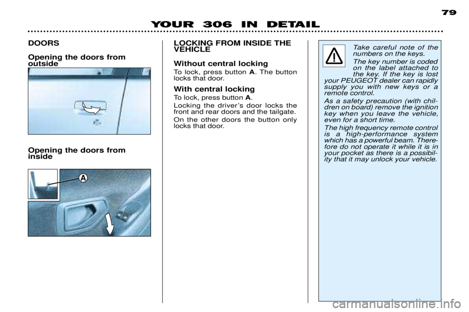 PEUGEOT 306 DAG 2002 Owners Manual A
79
YOUR 306 IN DETAIL
DOORS Opening the doors from outside
Take careful note of the numbers on the keys.  The key number is coded on the label attached to
the key. If the key is lost
your PEUGEOT de