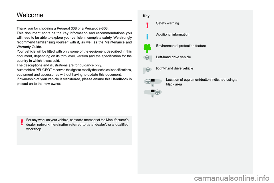 PEUGEOT 308 2024  Owners Manual   
 
 
 
  
   
   
 
  
 
  
 
 
   
 
 
   
 
 
  
Welcome
Thank you for choosing a Peugeot 308 or a Peugeot e-308.
This document contains the key information and recommendations you 
will need to b