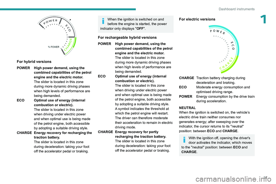 PEUGEOT 308 2024  Owners Manual 23
Dashboard instruments
1
 
For hybrid versions
POWER High power demand, using the combined capabilities of the petrol 
engine and the electric motor.
The slider is located in this zone 
during more 