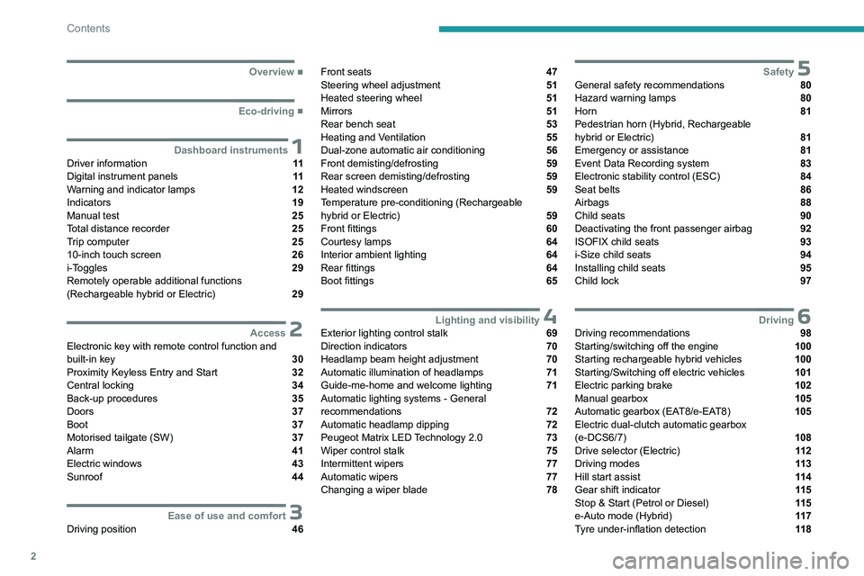 PEUGEOT 308 2024  Owners Manual 2
Contents
  ■
Overview
  ■
Eco-driving
 1Dashboard instrumentsDriver information  11
Digital instrument panels  11
Warning and indicator lamps  12
Indicators  19
Manual test  25
Total dista