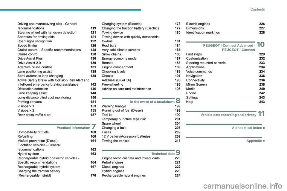 PEUGEOT 308 2024  Owners Manual 3
Contents
Driving and manoeuvring aids - General 
recommendations  11 9
Steering wheel with hands-on detection  121
Shortcuts for driving aids  121
Road signs recognition  122
Speed limiter  126
Crui