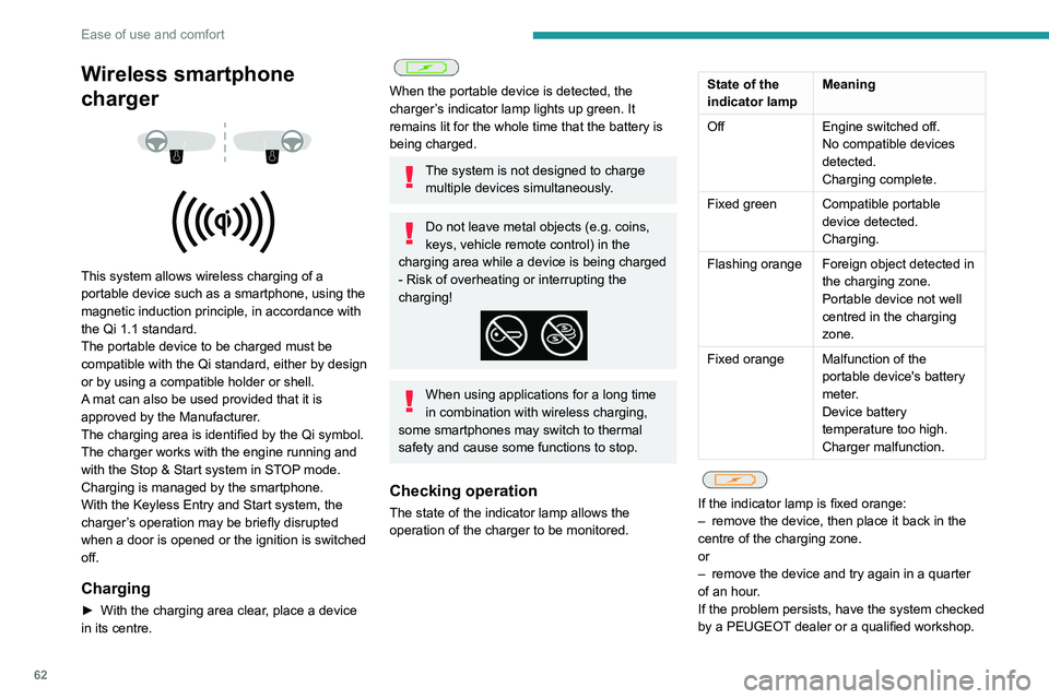 PEUGEOT 308 2024  Owners Manual 62
Ease of use and comfort
Wireless smartphone 
charger
 
 
 
 
This system allows wireless charging of a 
portable device such as a smartphone, using the 
magnetic induction principle, in accordance 