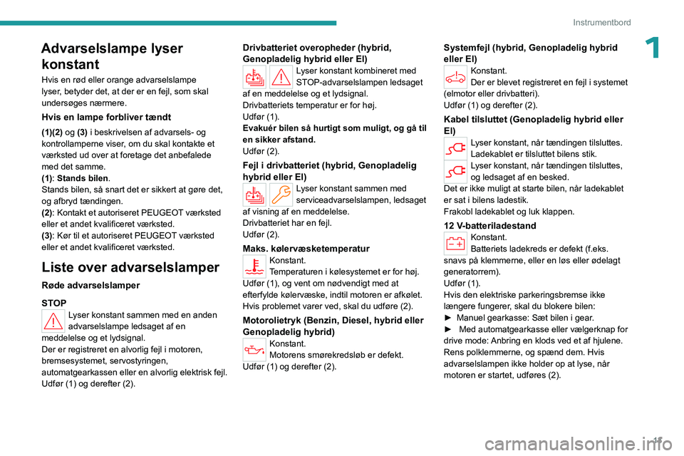 PEUGEOT 308 2024  Brugsanvisning (in Danish) 13
Instrumentbord
1Advarselslampe lyser konstant
Hvis en rød eller orange advarselslampe 
lyser, betyder det, at der er en fejl, som skal 
undersøges nærmere.
Hvis en lampe forbliver tændt
(1)(2) 