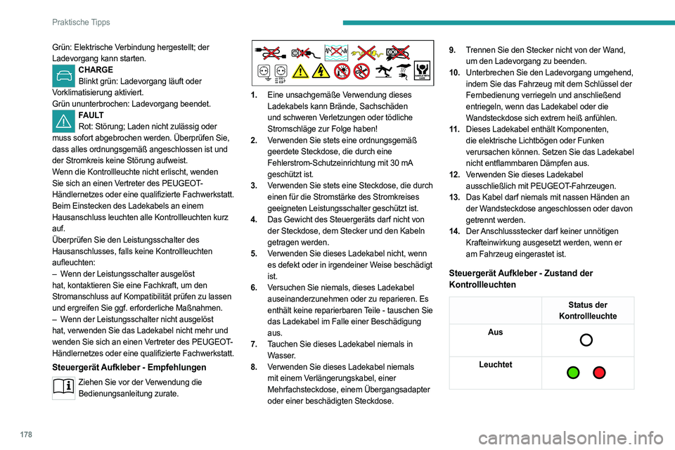 PEUGEOT 308 2024 Betriebsanleitungen (in German) 178
Praktische Tipps
Grün: Elektrische Verbindung hergestellt; der
Ladevorgang kann starten.
CHARGEBlinkt grün: Ladevorgang läuft oder
Vorklimatisierung aktiviert.
Grün ununterbrochen: Ladevorg PEUGEOT 308 2024 Betriebsanleitungen (in German) 178
Praktische Tipps
Grün: Elektrische Verbindung hergestellt; der
Ladevorgang kann starten.
CHARGEBlinkt grün: Ladevorgang läuft oder
Vorklimatisierung aktiviert.
Grün ununterbrochen: Ladevorg