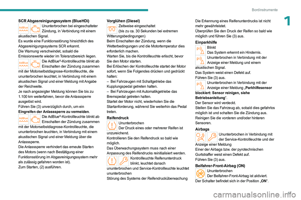 PEUGEOT 308 2024 Betriebsanleitungen (in German) 17
Bordinstrumente
1SCR Abgasreinigungssystem (BlueHDi)Ununterbrochen bei eingeschalteter Zündung, in Verbindung mit einem
akustischen Signal.
Es wurde eine Funktionsstörung hinsichtlich des
Abgas PEUGEOT 308 2024 Betriebsanleitungen (in German) 17
Bordinstrumente
1SCR Abgasreinigungssystem (BlueHDi)Ununterbrochen bei eingeschalteter Zündung, in Verbindung mit einem
akustischen Signal.
Es wurde eine Funktionsstörung hinsichtlich des
Abgas