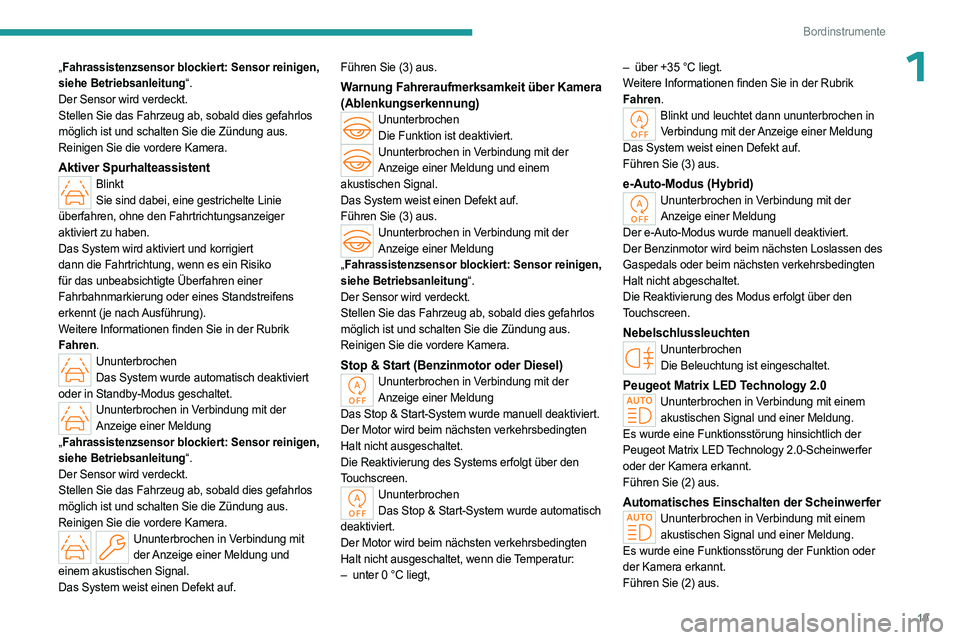 PEUGEOT 308 2024  Betriebsanleitungen (in German) 19
Bordinstrumente
1„Fahrassistenzsensor blockiert: Sensor reinigen, 
siehe Betriebsanleitung“.
Der Sensor wird verdeckt.
Stellen Sie das Fahrzeug ab, sobald dies gefahrlos 
möglich ist und schal