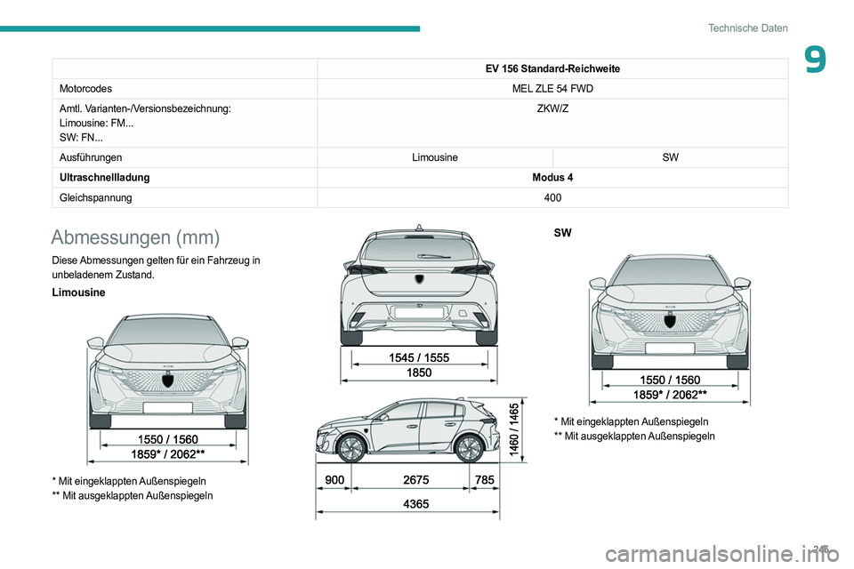PEUGEOT 308 2024 Betriebsanleitungen (in German) 245
Technische Daten
9EV 156 Standard-Reichweite
Motorcodes MEL ZLE 54 FWD
Amtl. Varianten-/Versionsbezeichnung:
Limousine: FM...
SW: FN... ZKW/Z
Ausführungen LimousineSW
Ultraschnellladung Modus 4
G PEUGEOT 308 2024 Betriebsanleitungen (in German) 245
Technische Daten
9EV 156 Standard-Reichweite
Motorcodes MEL ZLE 54 FWD
Amtl. Varianten-/Versionsbezeichnung:
Limousine: FM...
SW: FN... ZKW/Z
Ausführungen LimousineSW
Ultraschnellladung Modus 4
G